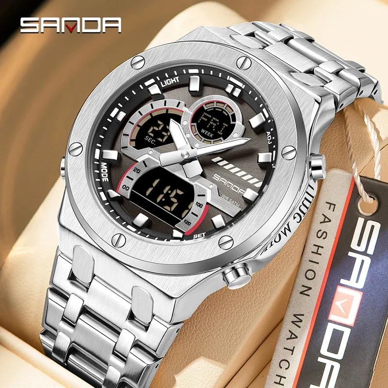 

SANDA Fashion Business Men Quartz Watch Top Stainless Steel Multifunction LED Display Wristwatch Waterproof Men's Digital Clock