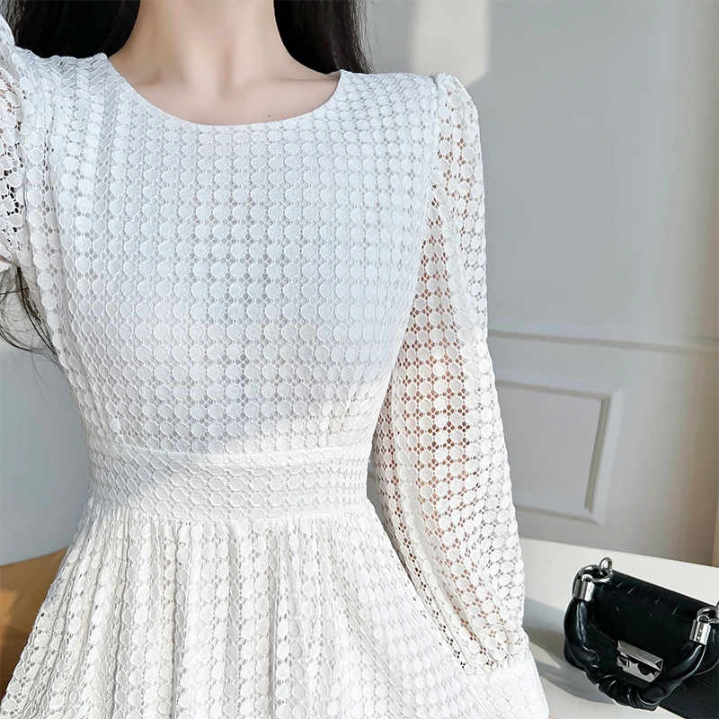 2023 Spring Women Elegant Lace Midi White Dress Long Sleeve Vintage A-Line Fashion Prom Vestidos Female French Style Party Robe