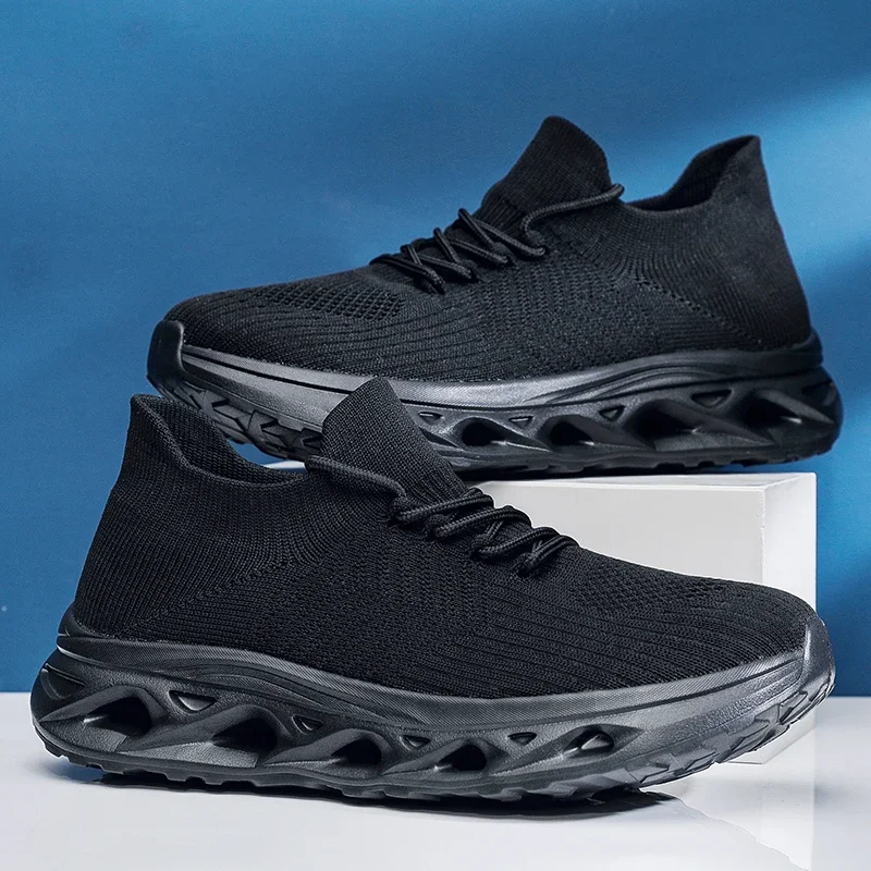 

Men Casual Sneaker Lace Up Soft Bottom Black Knit Shoes Sports Casual Breathable Comfortable Running Shoes for Men Size 38-45