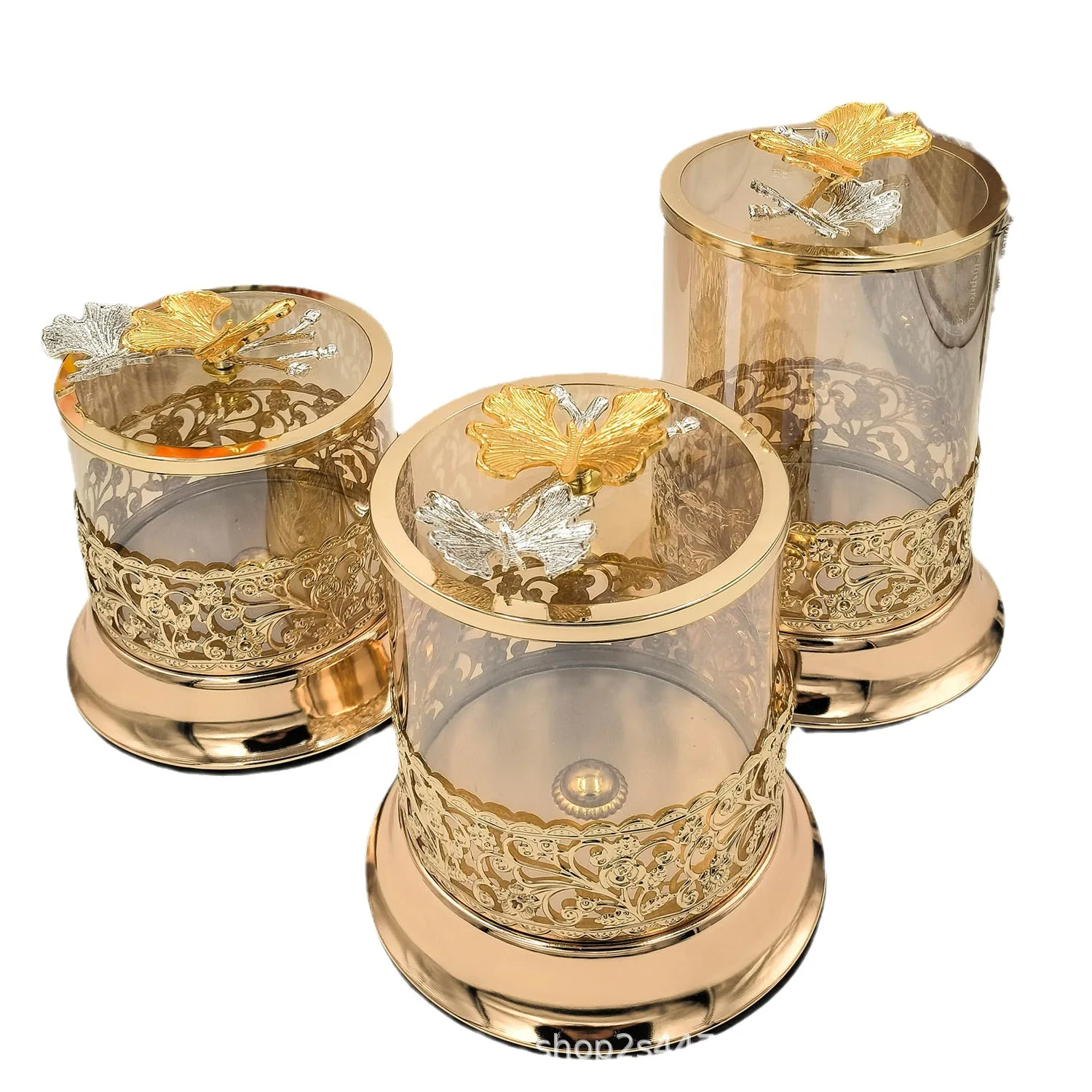 Gold Plated Openwork Butterfly Nut Candy Jar Living Room Ornament Amber Glass Storage Jar Multifunctional Storage Container Gift