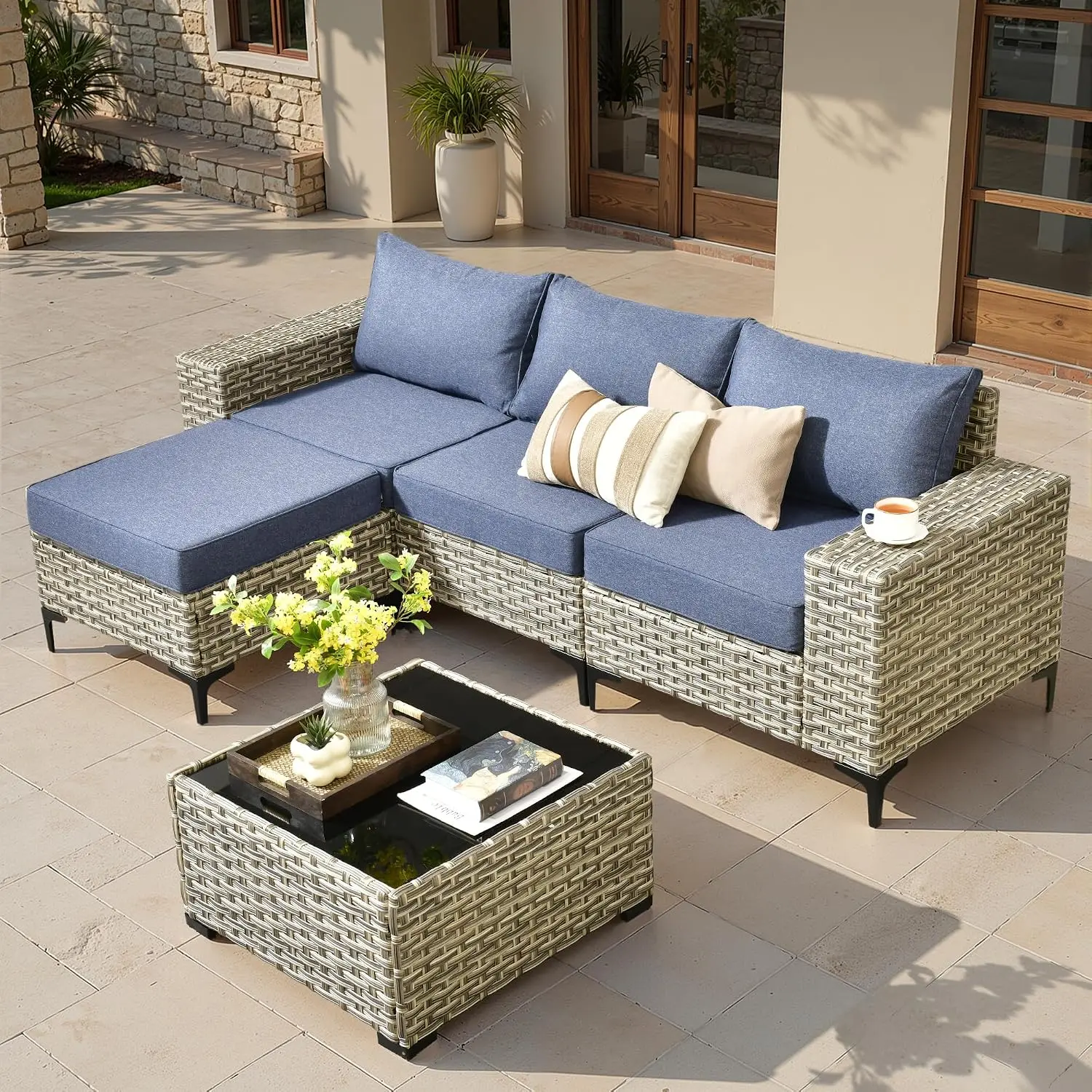 L-Shaped Outdoor Sectional Sofa Set With Chaise, Wicker Rattan Modular Patio Furniture With Coffee Table, Denim Blue, Customized