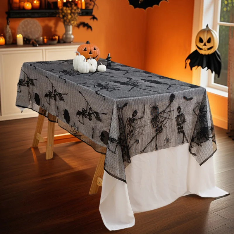 Halloween Lace Tablecloth Black Bat Skull Pattern Table Cover for Dinner Table Party Decor