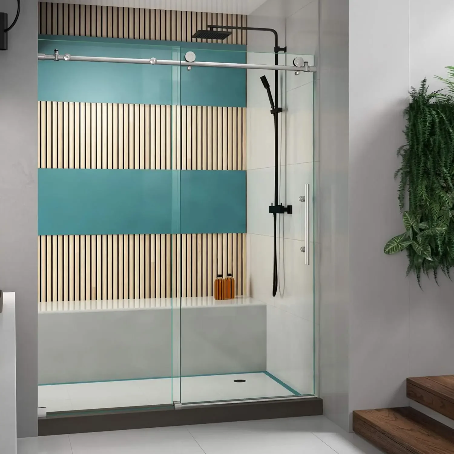 Shower Door Brushed Stainless Steel Reversible for A Right or Left Door Opening Installation Fully Frameless Design