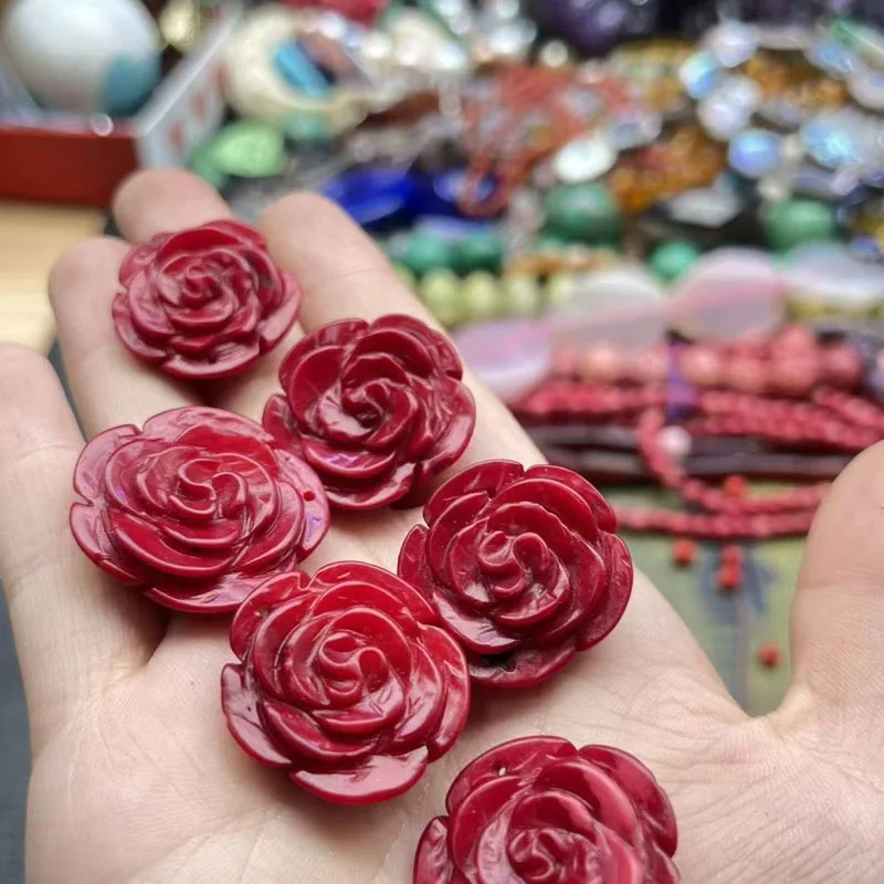 10x30mm Red Flower Hand Carved Natural Coral Charm Pendant