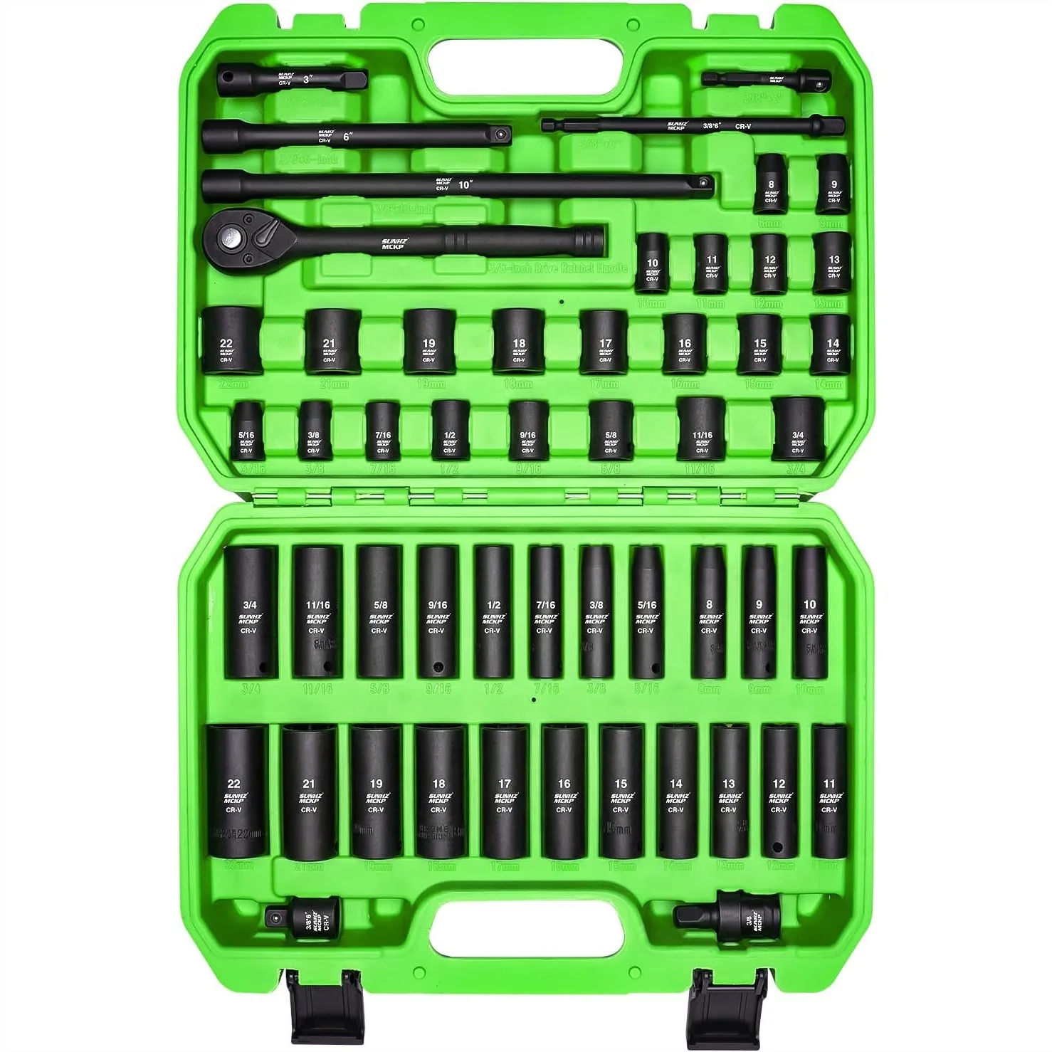

3/8" Drive Impact Socket Set, 52 Piece SAE & Metric Shallow Deep 6-Point Sockets with Ratchet Handle, Extension Bars, Adapters