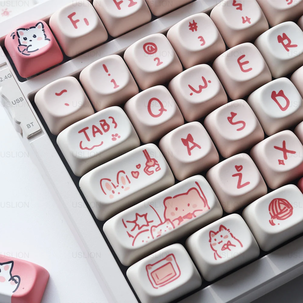 139 Keys Cute Pink Cat Keycaps MOA Profile PBT Dye Sublimation Caps For Mechanical Keyboard Accessories DIY Keyboard Keycap Set