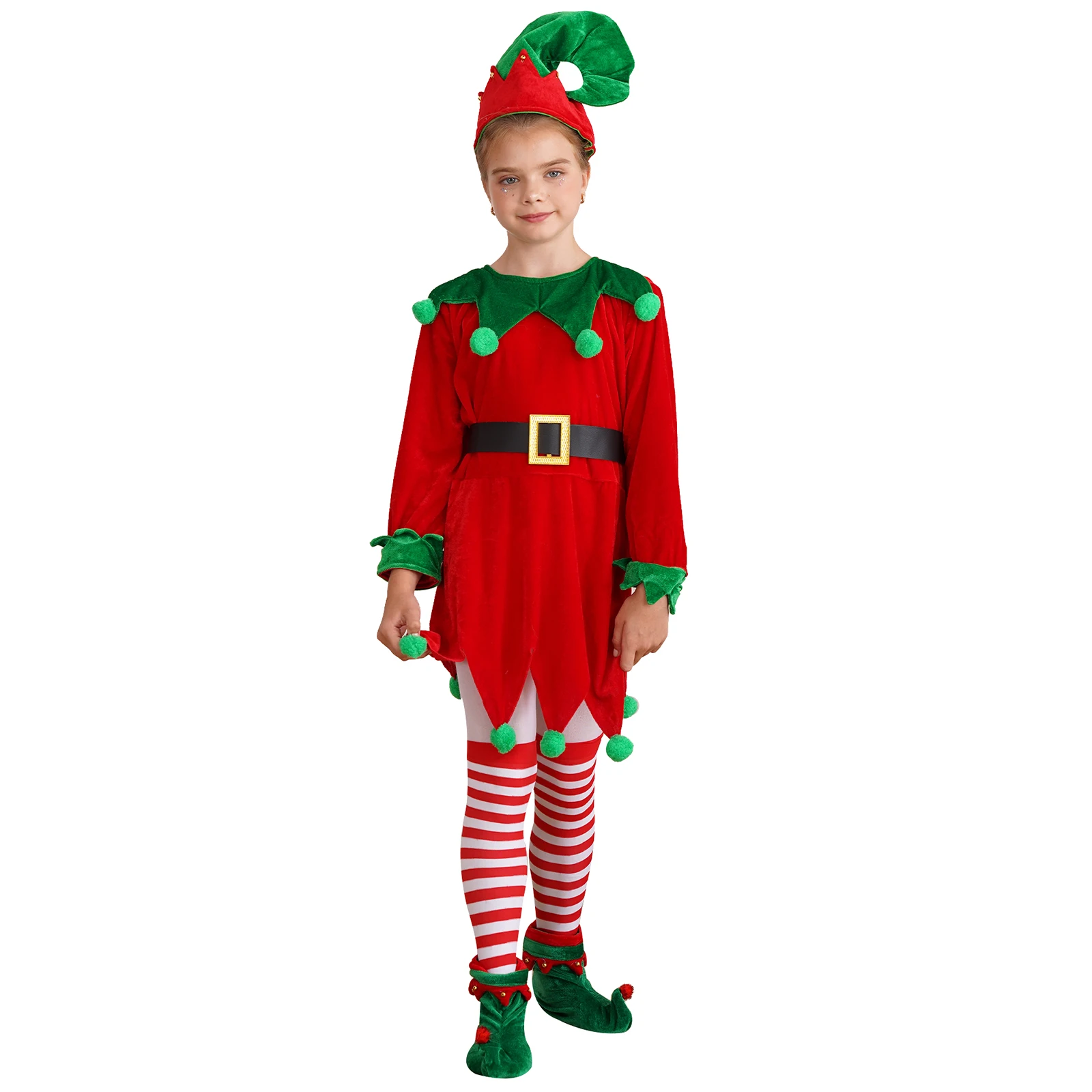 Kids Girls Christmas Elf Costume Santas Helper Velvet Dress With Stockings Shoes Santa Hat Xmas Holiday Party Festive Outfit