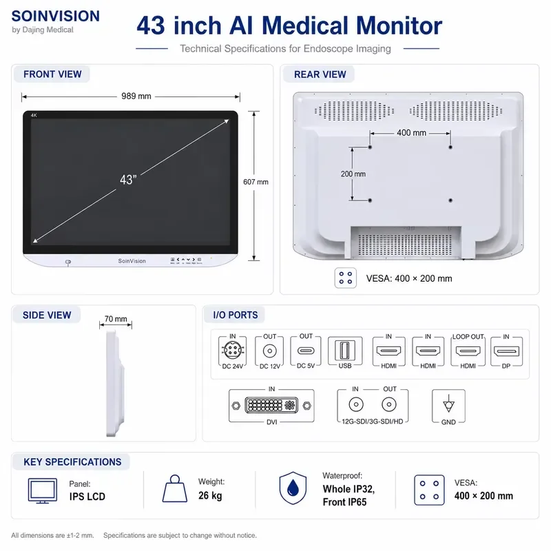 43 Inch 4K UHD Monitor for Operating Room Workflow and Endoscopy Imaging, 12G/3G/HD-SDI Out