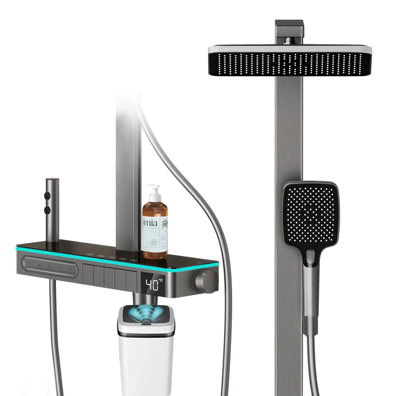 욕실 다기능 디지털 디스플레이 샤워 시스템 황동 피아노 키 노출형 온도 조절 수도꼭지 소프트 & 레인 스프레이 패턴