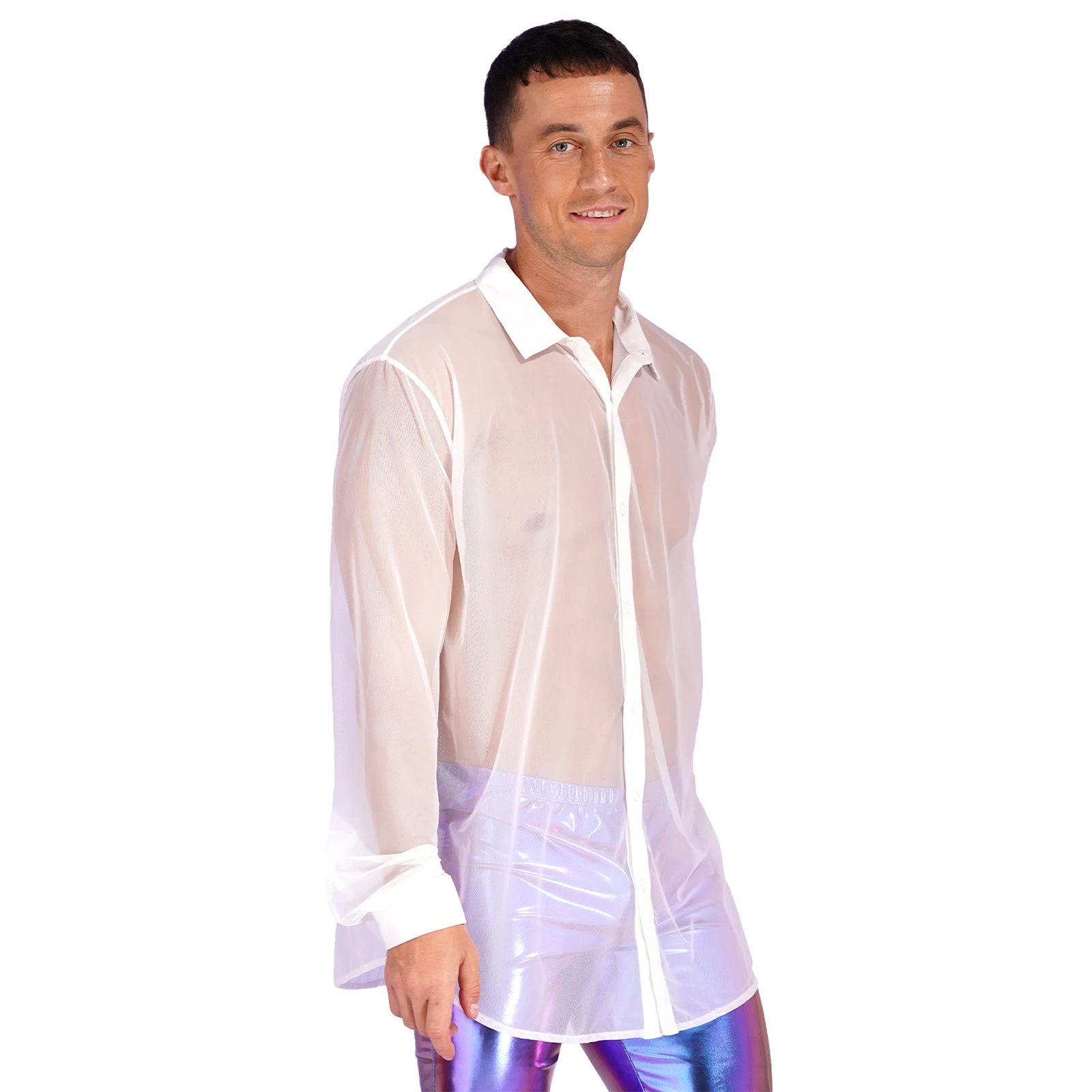 IEFiEL-Sexy Men\'s See Through Mesh Long Sleeve Shirt, Clubwear Top, Slip Homme Shirt, Evening Party Clothing