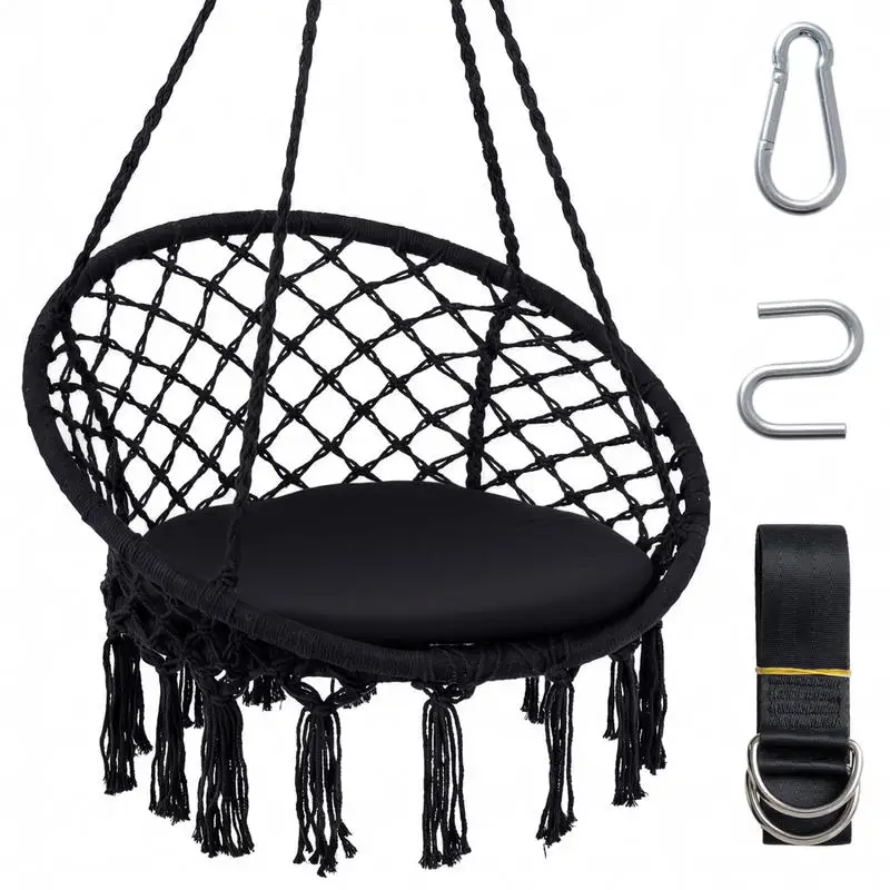 

Macrame Swing Chair Hammock Chair with Round Seat Cushion-Black