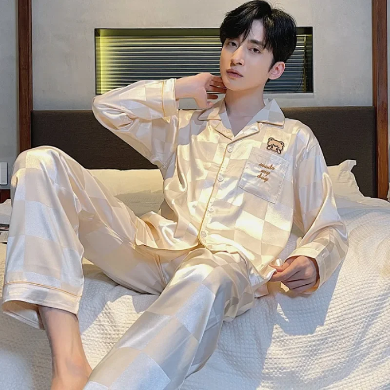 Ice Silk Sleepwear Men Long Sleeve Spring Autumn Pajamas Setds Silk Nightwear Homewear Sets Luxury Brand Clothing Korean Fashion