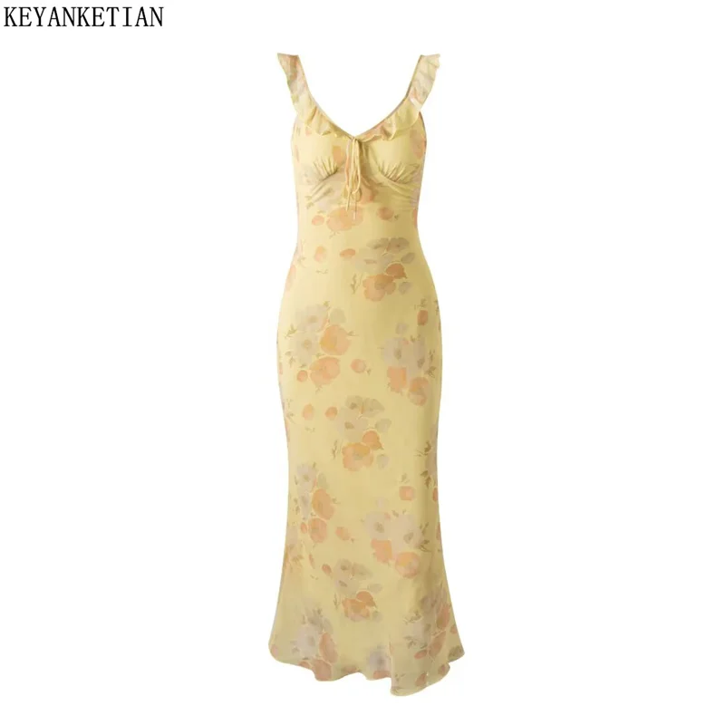 KEYANKETIAN 2025 Summer New Holiday wind Flower Print  Chiffon MIDI Dresses Tiered V-Neck Women's Sleeveless A Line Slip Dress