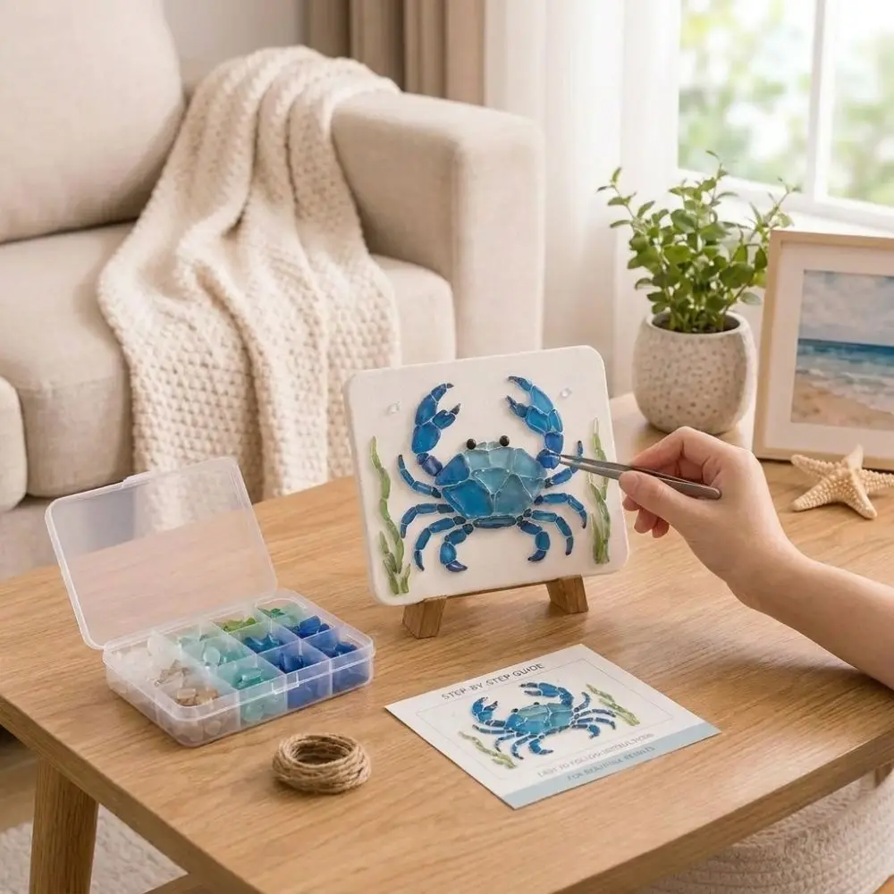 Colorful Glass Pieces Ocean DIY Sea Glass Art Kit Sea Creature Ocean Inspired Glass Mosaic Craft Set Wooden‑Easel