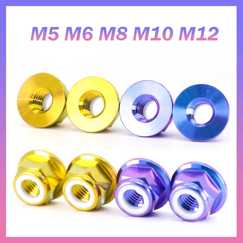 1pcs/lot Titanium Alloy Nyloc Self Locking Hex Flange Nuts M5 M6 M8 M10 M12 TC4 Motorcycle Nut Pitch 0.8mm 1.0mm 1.25mm 1.5mm