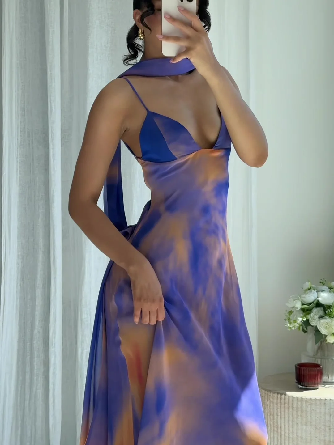 

Summer Elegant Printed Scarf Mesh Midi Dress Women's Backless Lace-up V-neck Sleeveless Party Holiday Beachwear Dress