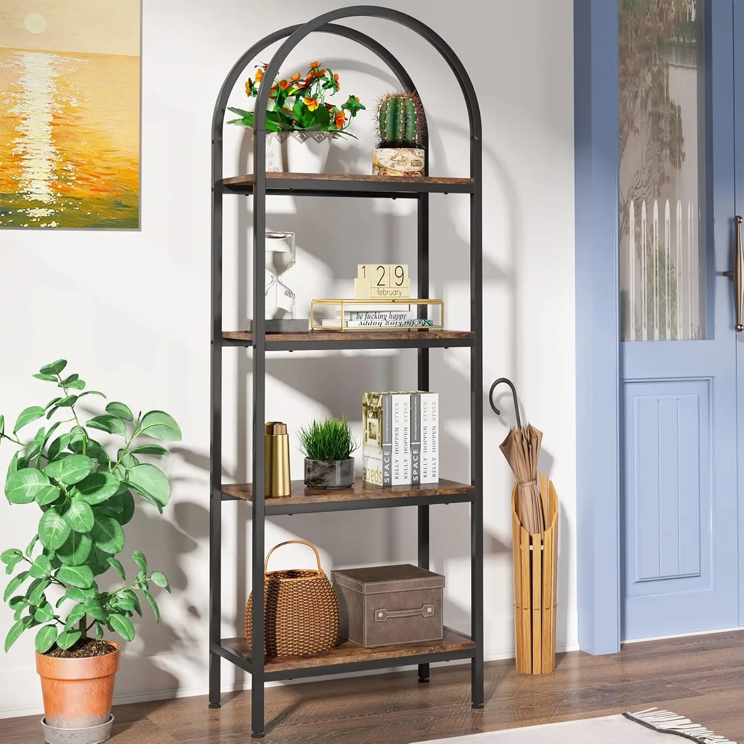 Little Tree 4-Tier Arched Bookshelf, Tall Open Bookcase Storage Shelves, Wood Metal Freestanding Display Rack Tall Shelving