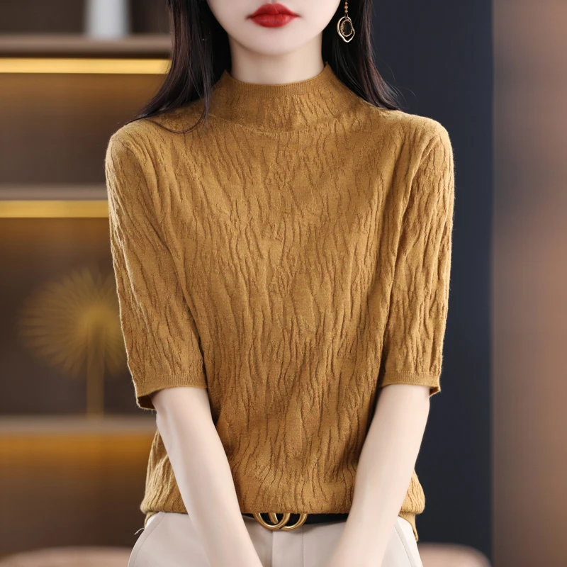 Merino Wool Sweater Spring Autumn Half High Neck Half‑Sleeve Ribbed Knit Jumper Sophisticated Mature Look Solid‑Color Base Layer