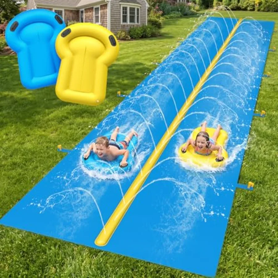 

Backyard water slides for kids, heavy-duty PVC, blue and yellow, 39.4FT extra-long dual-lane with built-in sprinkler and 2 infl