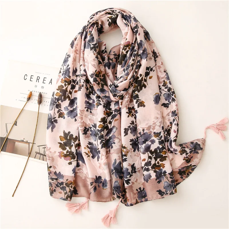 KYQIAO echarpe femme vintage winter scarf for women autumn Spain style vintage long leaves printed hijab scarf muslim