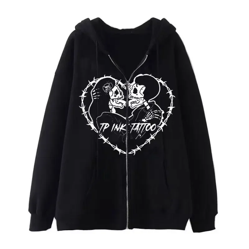 Fashion Y2K Skeleton Hoodies Women Gothic Black Zip Up Oversized Sweatshirt Ladies Retro Harajuku Hooded Jacket Streetwear Coat