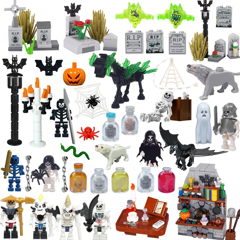 

MOC City Street View Ghost Skeleton Figure Building Blocks Medieval Witch Pharmacist Laboratory Tombstones Horse Bricks Toy Gift