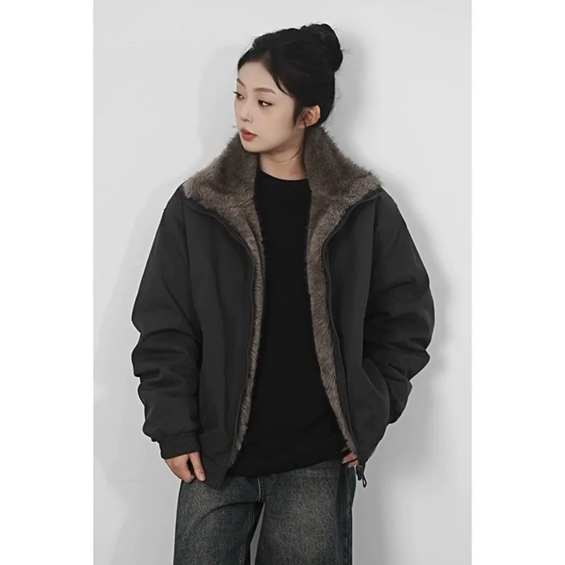cotton-padded jackets on both sides Men's winter fleece thickened couple coats are wearing two-color silver-blue fox heavy-wash