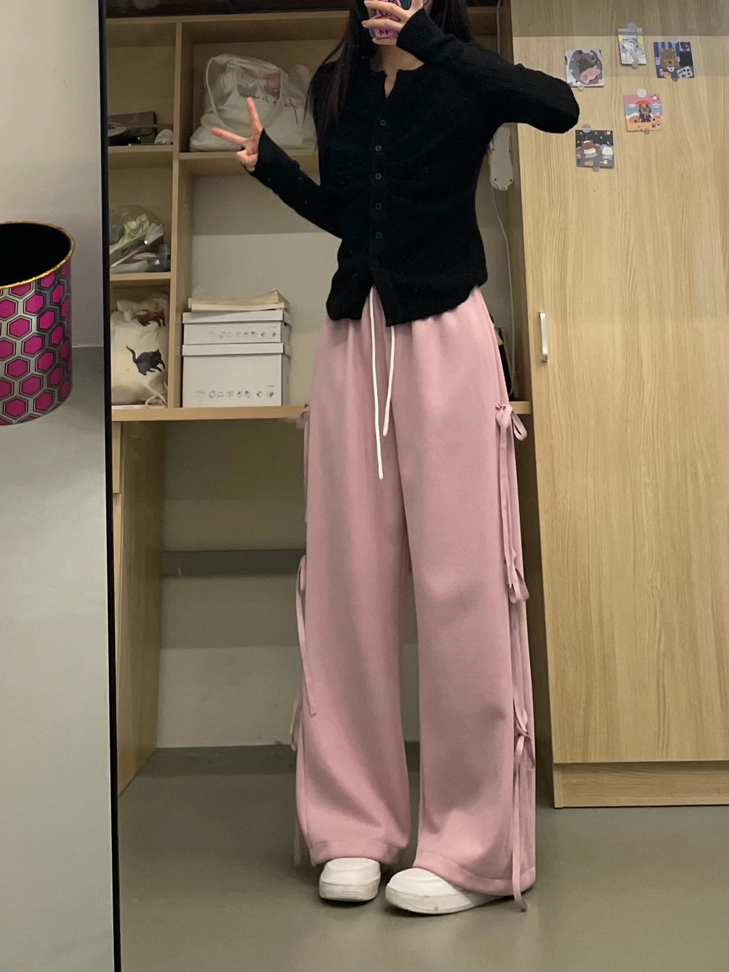 Korean Style Pink Sweatpants Women Spring Vintage Bow Lace-up Straight Wide Leg Pants Fashion Trend Loose Long Pants