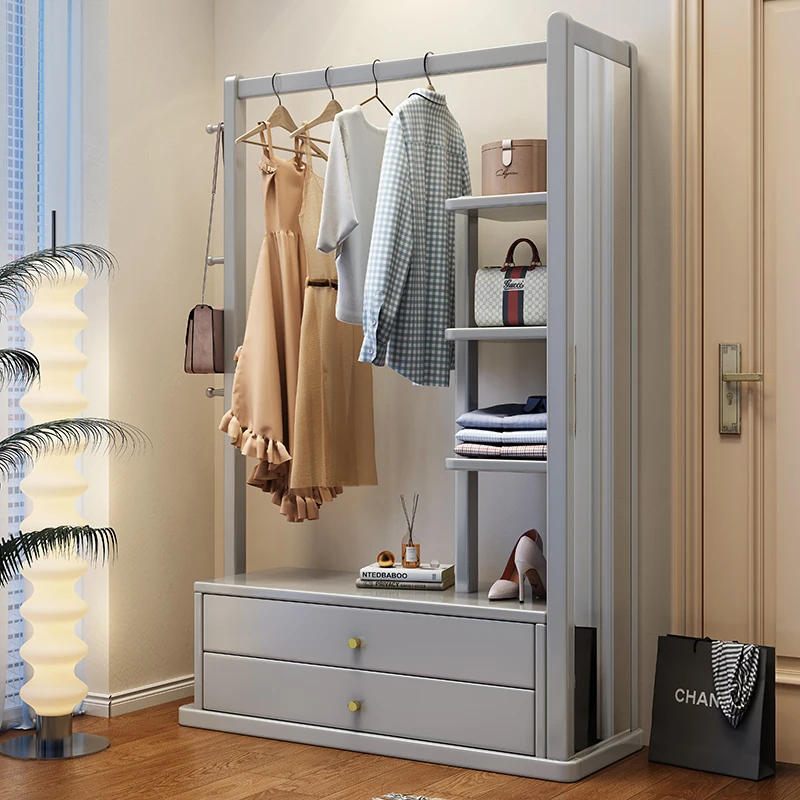 *~Light Luxury Coat Rack Solid Wooden Frame Living Room Entrance Clothes Rack Simple Clothes Hanger Dressing Mirror