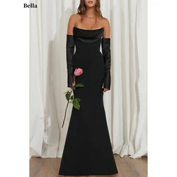 Bella Black Strapless Satin Prom Dresses Mermaid Floor-length Wedding Dress Half Sleeves Zip-up Back Vestidos De Fiesta 2024