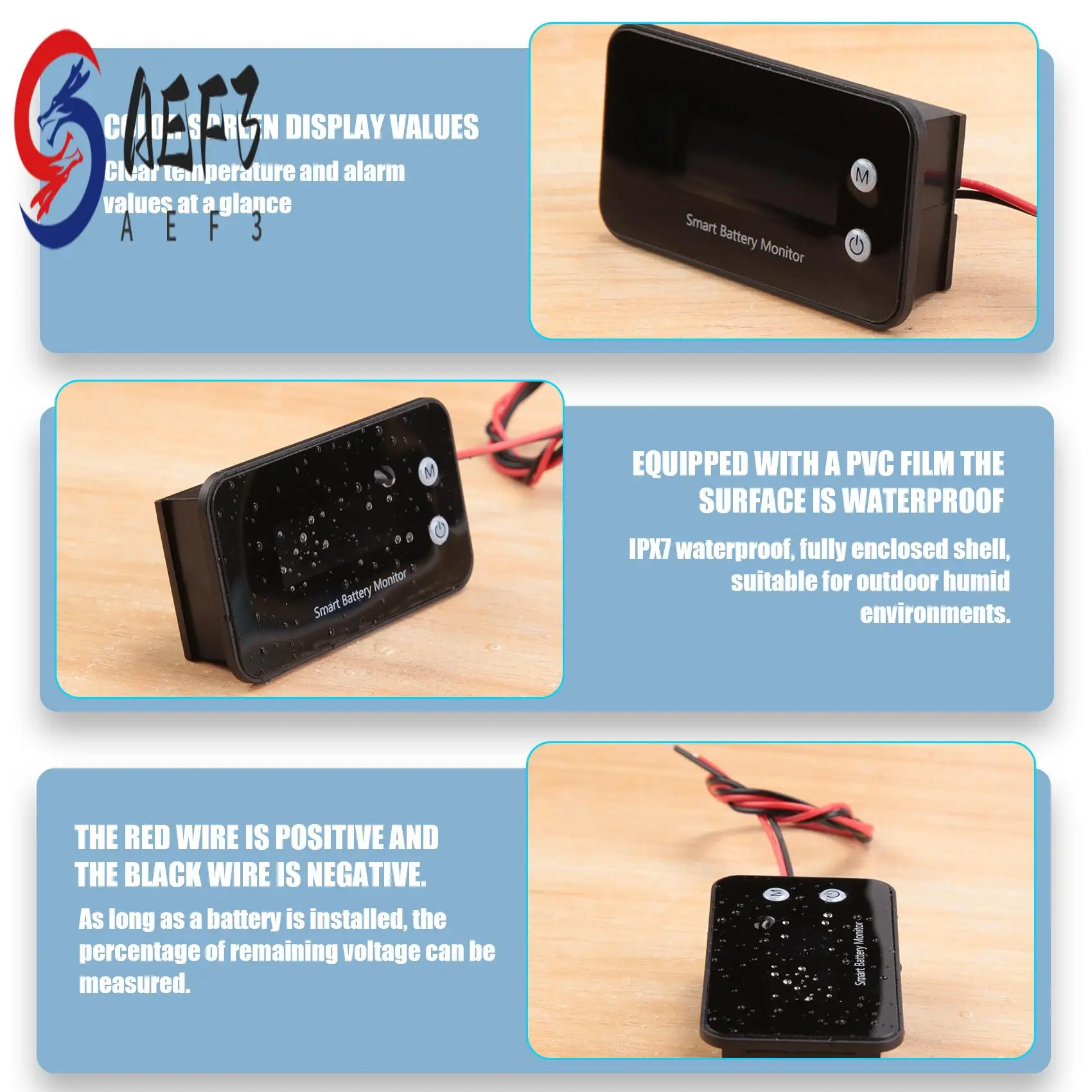 

AEF3-7-100V Digital Battery Capacity Tester Battery Monitor Voltage Temperature Switch Meter For Car Ships