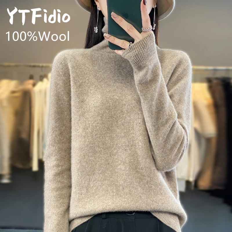 

YTFidio 100% Wool Women Pile Collar Pullover Sweater Solid Loose Casual Pullover Soft Warm Outerwears Plus Size 97