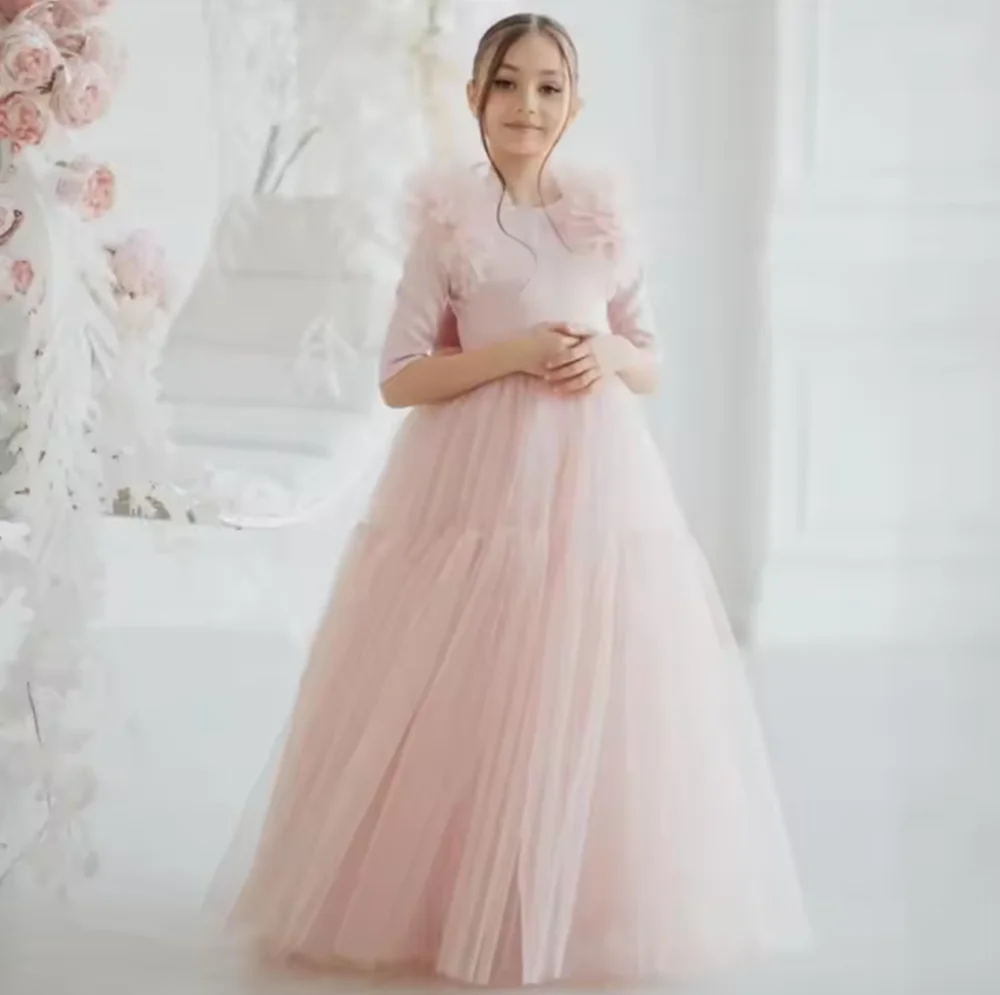 Vestidos rosas de flores para niña, tul con lazo, media manga para boda, fiesta de cumpleaños, banquete, vestidos de princesa