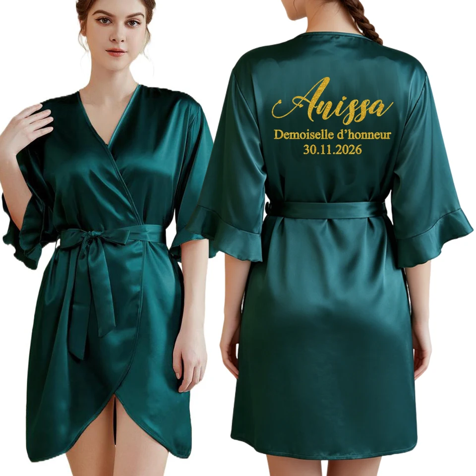 

Elegant Satin Personalized Robe for Bride Bridesmaid with Name And Date Birthday Party Gown Add Any Text Bathrobe