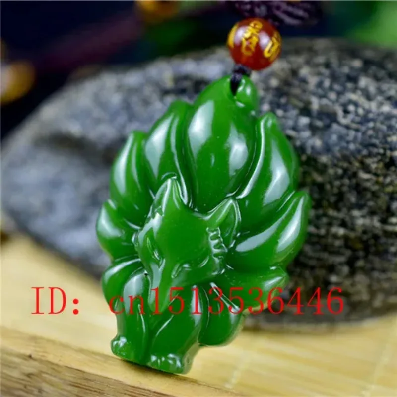 Natural Green Jade Seven-tailed Fox Pendant Necklace Charm Jewellery Fashion Accessories Hand-Carved Man Luck Amulet Gifts