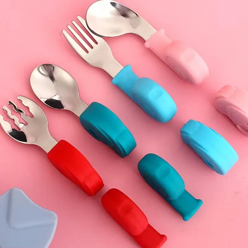 Cartoon Baby Tableware Set Children Utensil Stainless Steel Toddler Dinnerware Cutlery Infant Food Feeding Spoon Fork