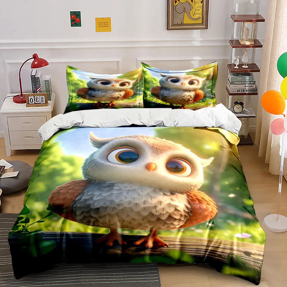 Cute owl perched on log Bedding Set for Kids Luxury Gift 3pcs Digital Print Comforter Set Soft Comfortable Breathable