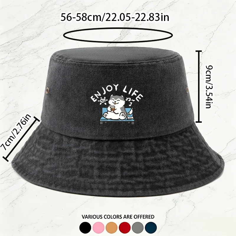 A Men's Outdoor Coffee Puppy Print Washed Bucket Hat, a Versatile Vintage Bucket Hat Suitable for Spring and Summer. A Unisex Fa