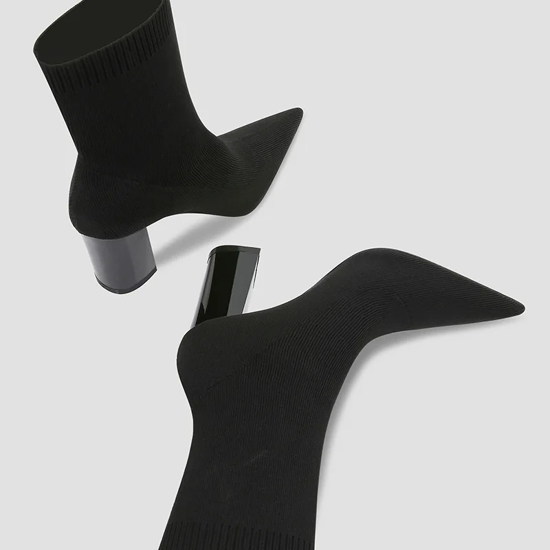 Size 33-41 Short Boots Knitted Spring And Autumn Black Socks Boots Chunky High Heel Shoes Stretch Thin Boots For Women