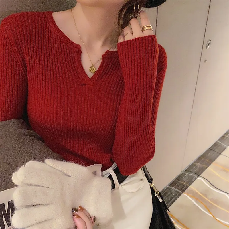 Mulheres manga longa com decote em v blusas finas senhoras coreanas de malha casual pullovers topo 2023 outono inverno malhas jumper pull femme