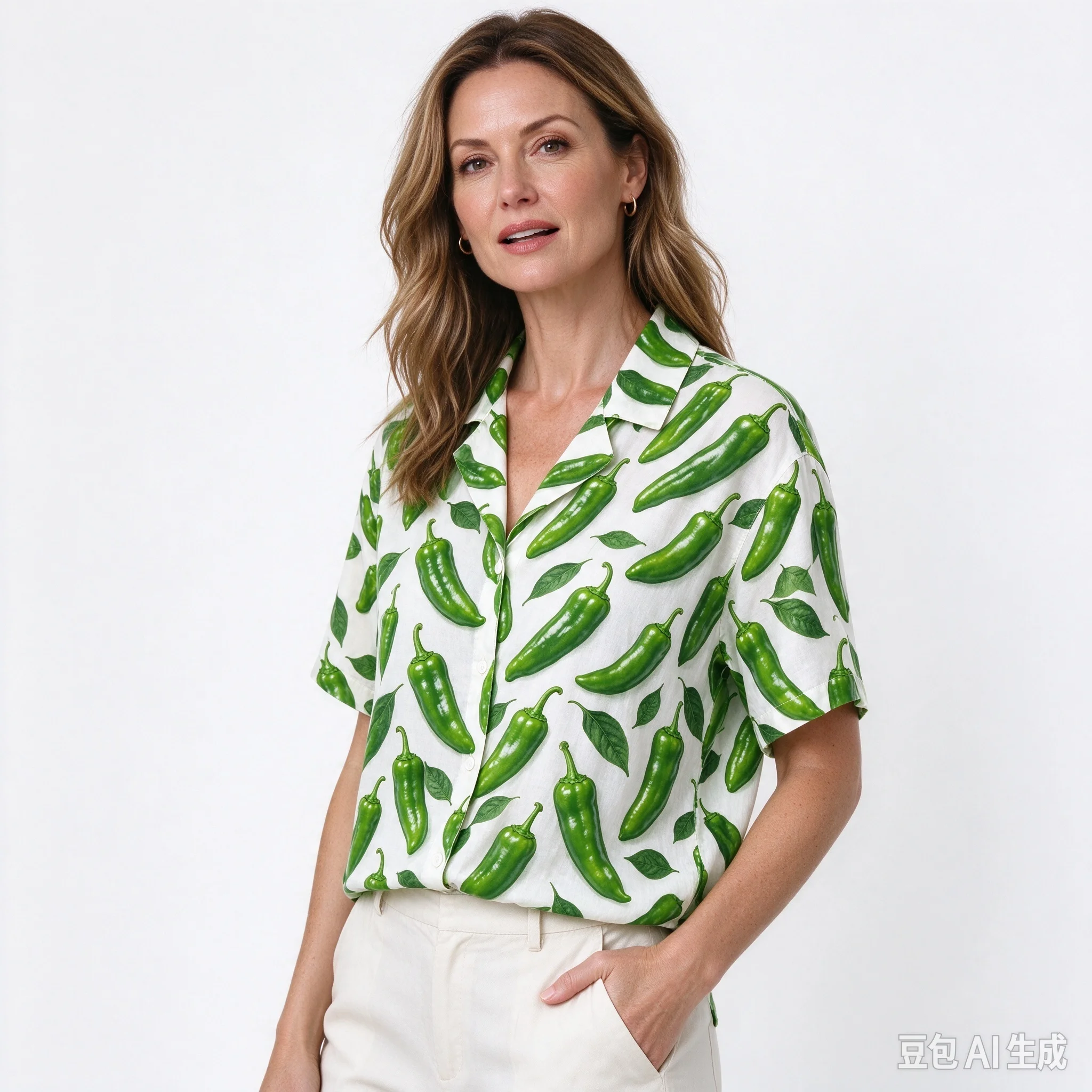 Unisex Green Pepper All Over Print Short Sleeve Shirt, Men Women Lapel Button Down Hawaiian Shirt, Summer Beach Vacation Loose