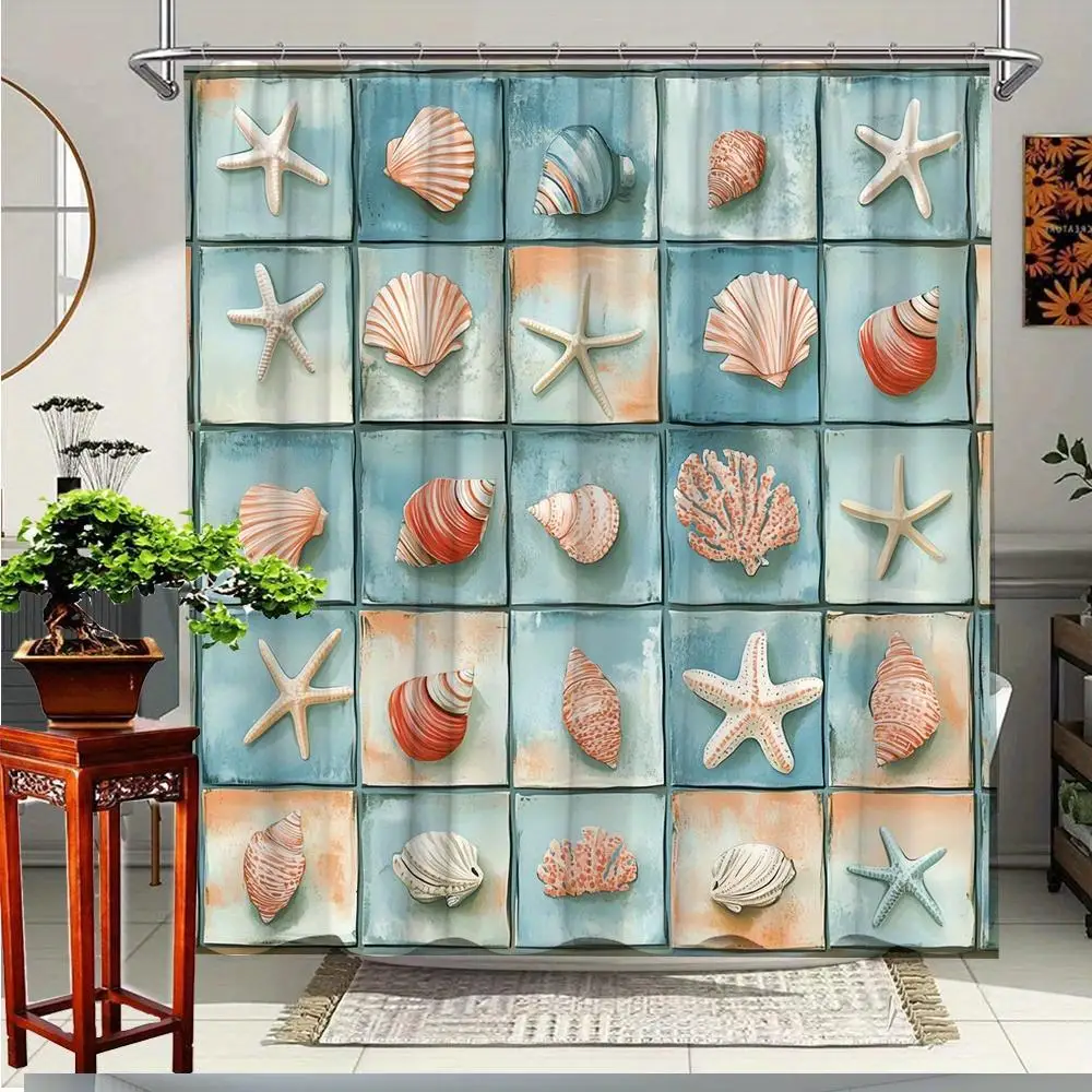 

Coastal Seashell Tile Pattern Shower Curtain Waterproof Bath Shower Curtain Decoration Beach Decor Bathroom Liner
