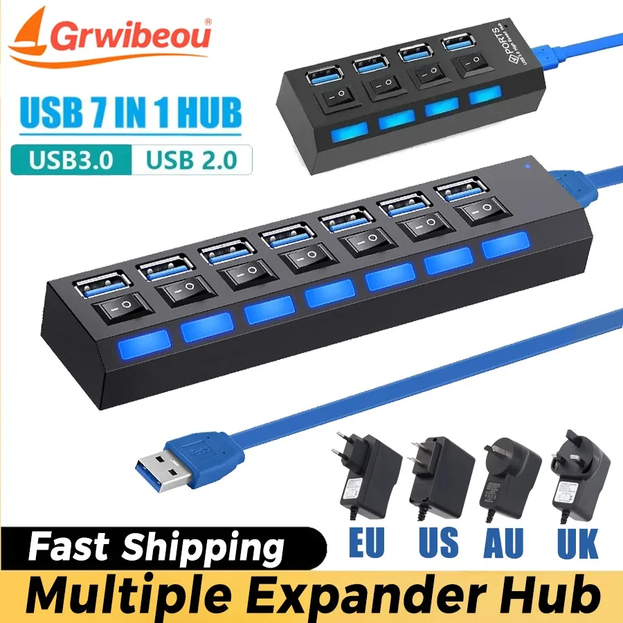 USB 3.0 2.0 Hub High Speed 4/7 Ports Multi USB Splitter USB Adapter Expander for Desktop PC Laptop Adapter with Switch Cable