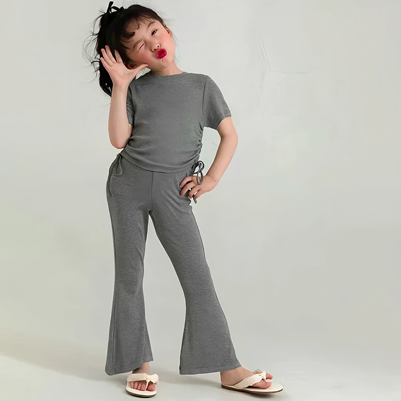 Summer Girl Clothes Suit Round-Neck Short Sleeve Blouse+Flared Trousers Simple Designed Fashion Casual Outing Sets Kids Outfit