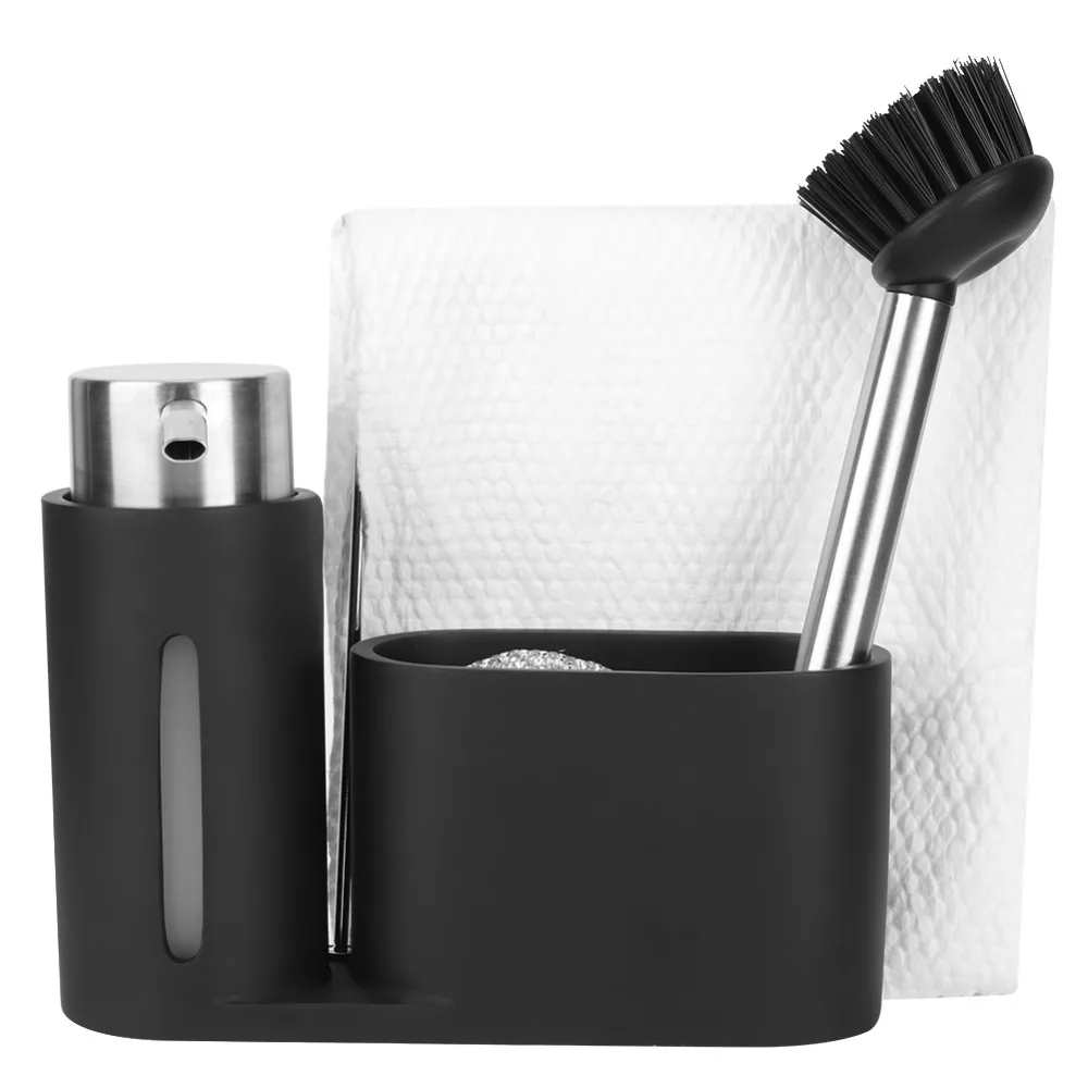 Resin + Stainless Steel 304 Soap Dispenser 250ml Matte Black Sink Caddy Easy To Press Dishwashing Accessories For Kitchen Sink