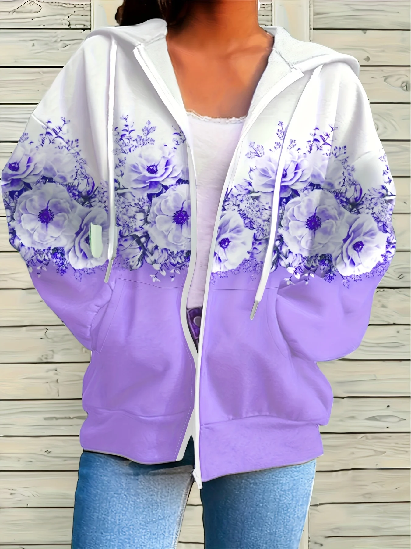 Trendy Plus Size Women's Floral Zip-Up Hoodie for Cozy Comfort and Style