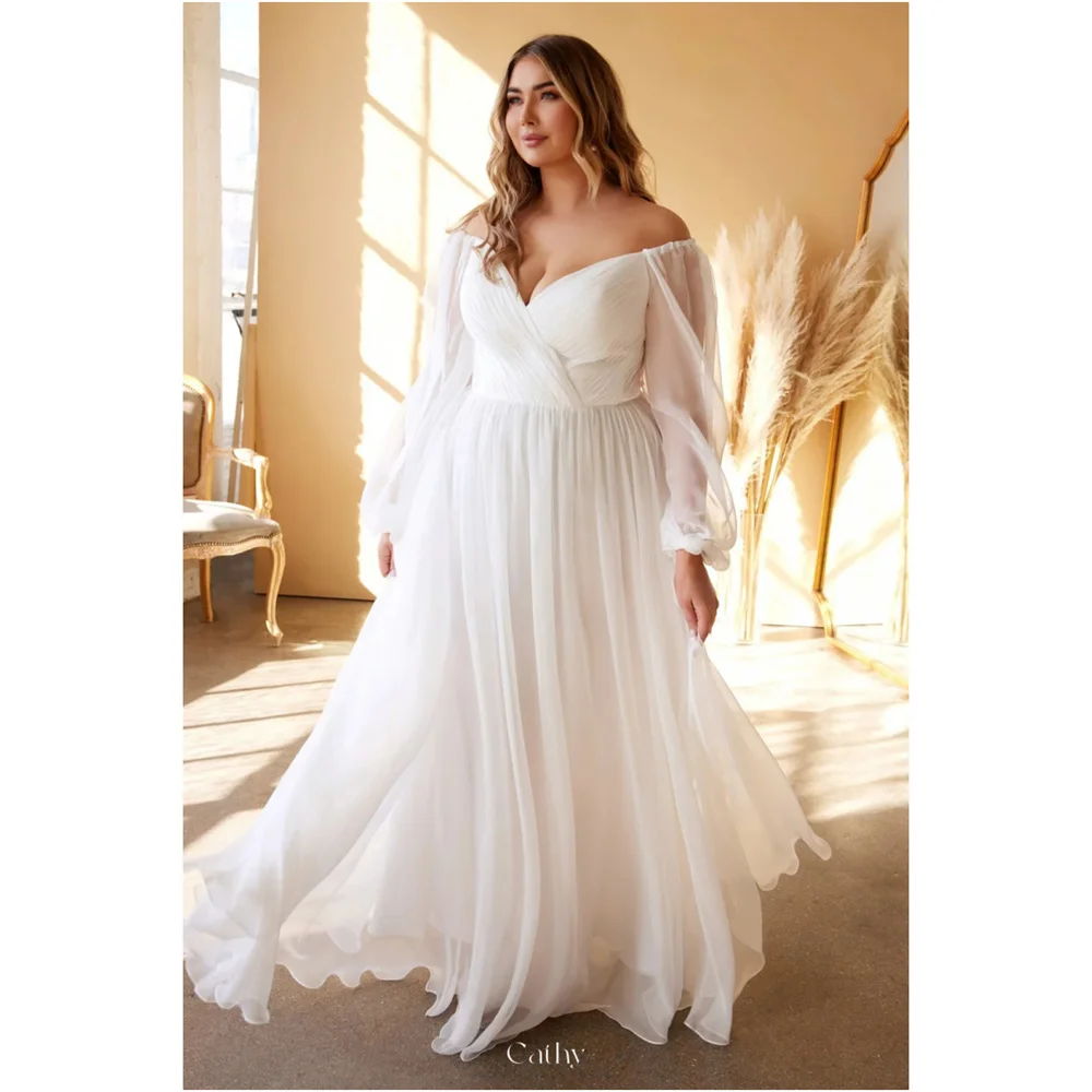 Cathy White Pleats A-line Chiffon Wedding Dress V Neck Puff Sleeve Floor-Length vestidos de noiva Off the Shoulder Evening Dress