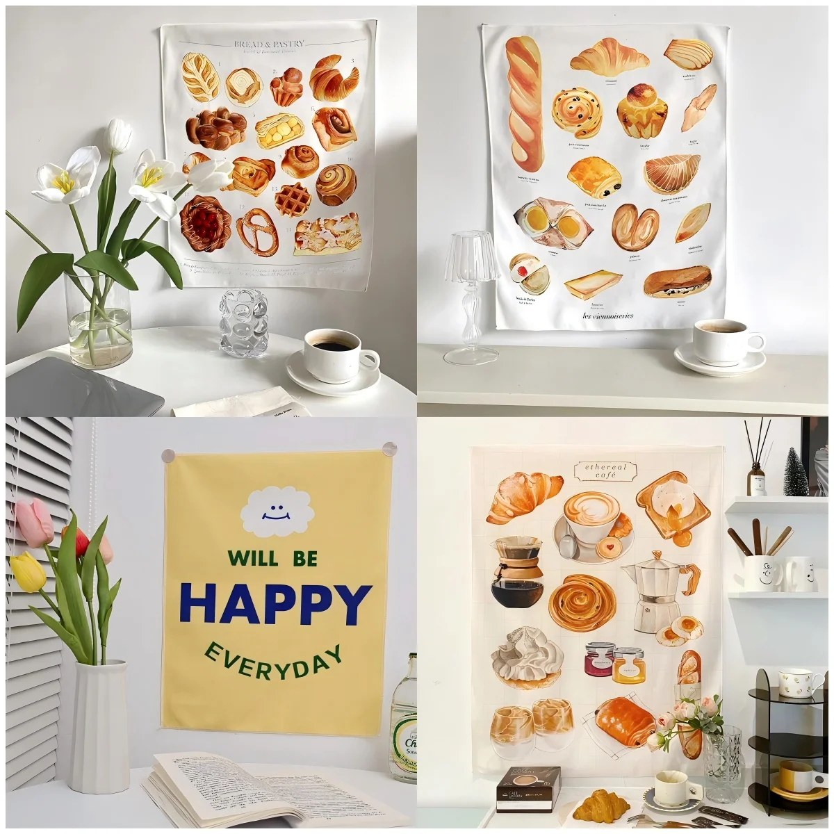 VIKAMA Hand-Painted Bread Tapestry Baguette Croissant Multinational Baking Pattern Kitchen Cafe Decoration Literary Home