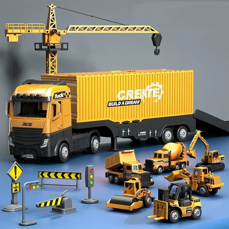 Alloy Engineering Bulldozer Crane Construction Truck Tower Kids Play Excavator Vehicles Cars Set Toys Model Container for Boys