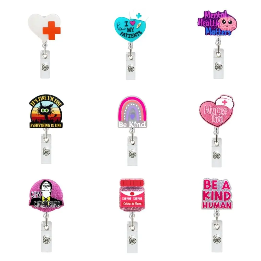 Carretel de crachá retrátil enfermeira brilho, Titular do cartão de nome acrílico gato, Clipes do cartão de identificação, Clipes do cartão de trabalho